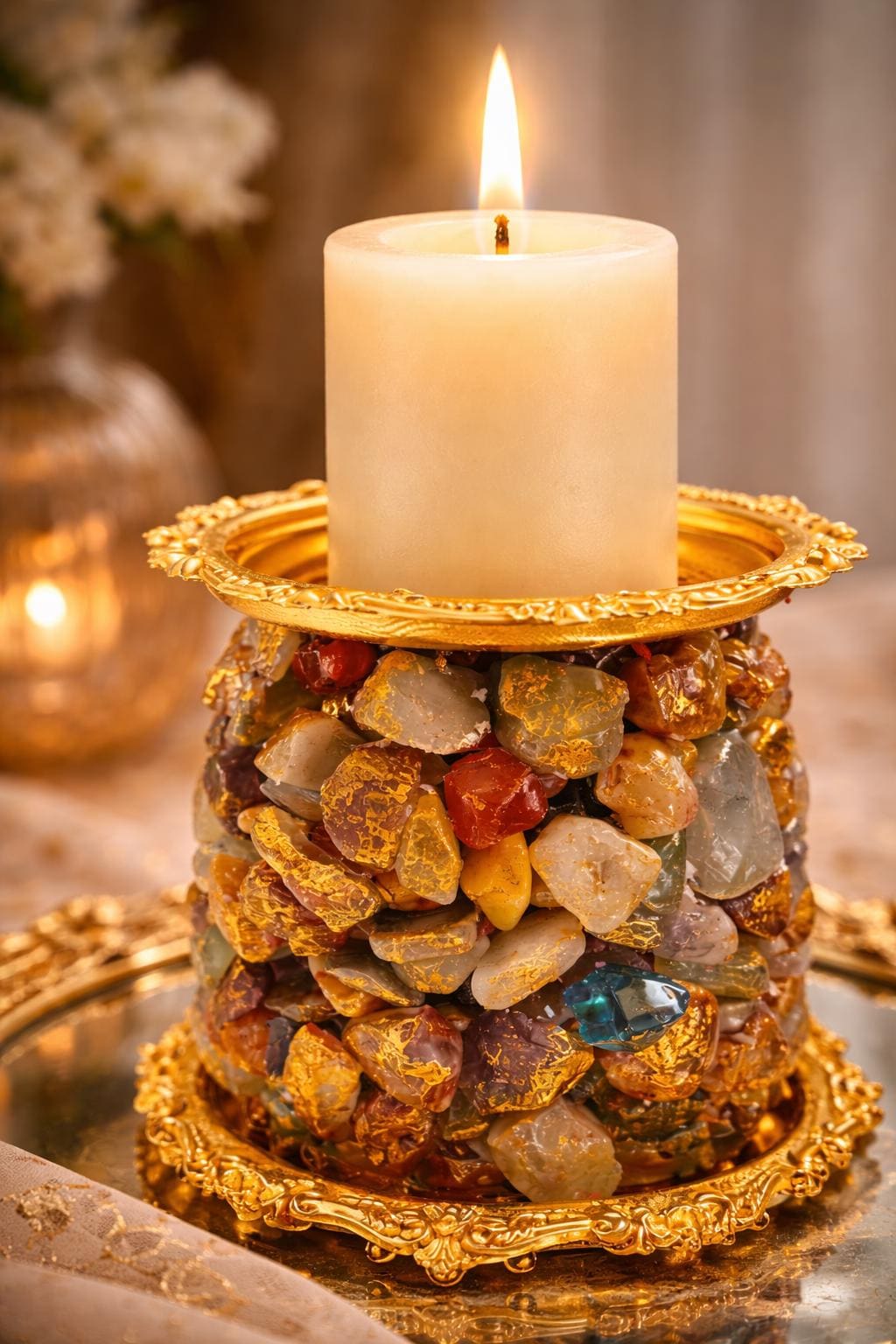 Blue Crystal Candle Holder Luxury Pillar Candle Centerpiece  Modern Glass Home Decor