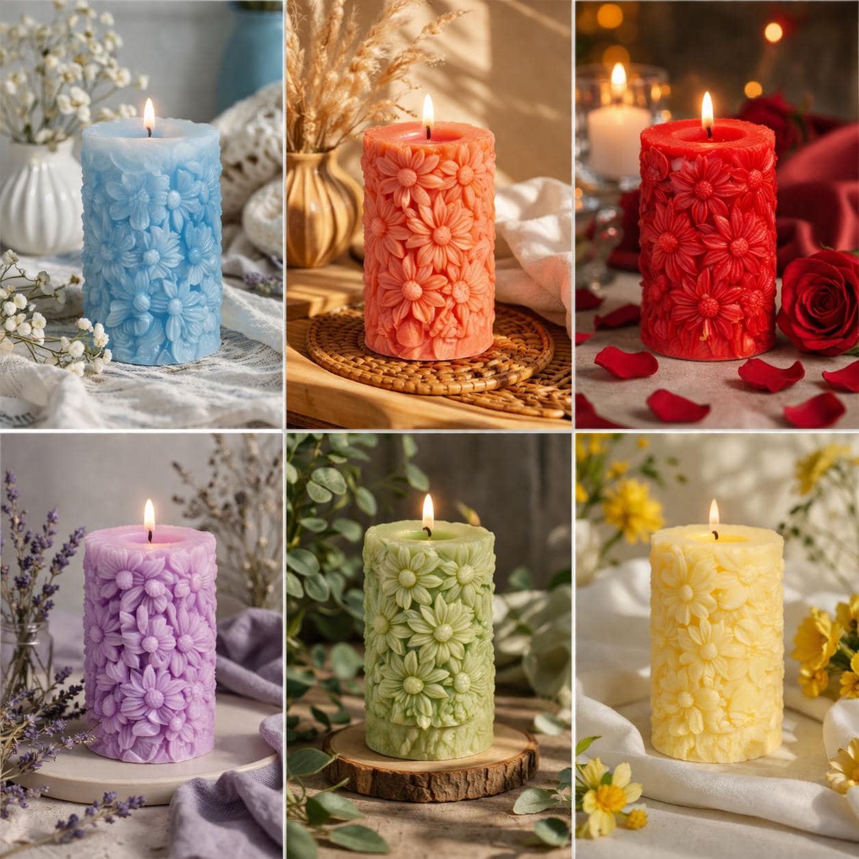 Embossed Floral Pillar Candles  Decorative Flower Wax, Pastel Botanical Home Decor