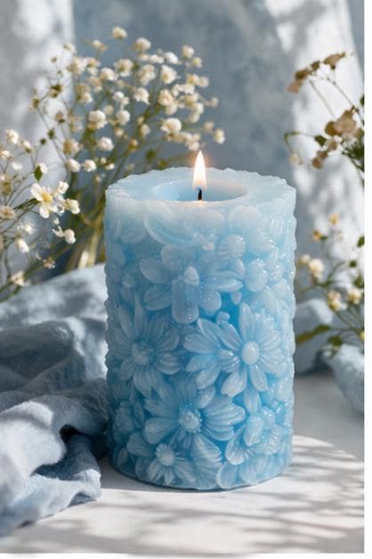Embossed Floral Pillar Candles  Decorative Flower Wax, Pastel Botanical Home Decor
