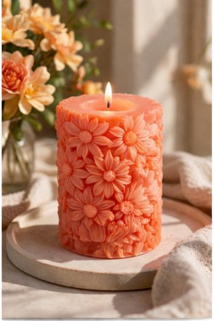 Embossed Floral Pillar Candles  Decorative Flower Wax, Pastel Botanical Home Decor