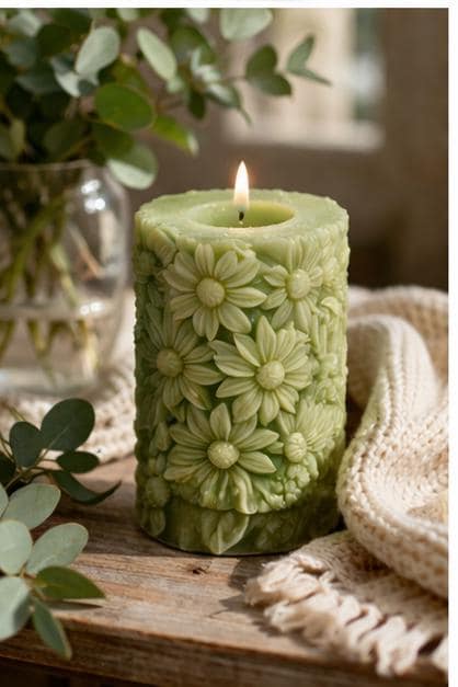 Embossed Floral Pillar Candles  Decorative Flower Wax, Pastel Botanical Home Decor