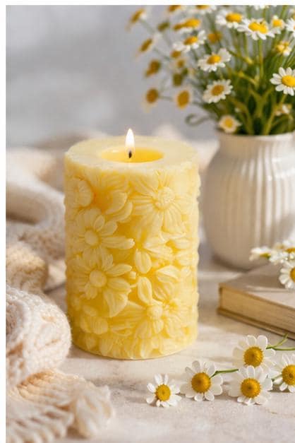 Embossed Floral Pillar Candles  Decorative Flower Wax, Pastel Botanical Home Decor