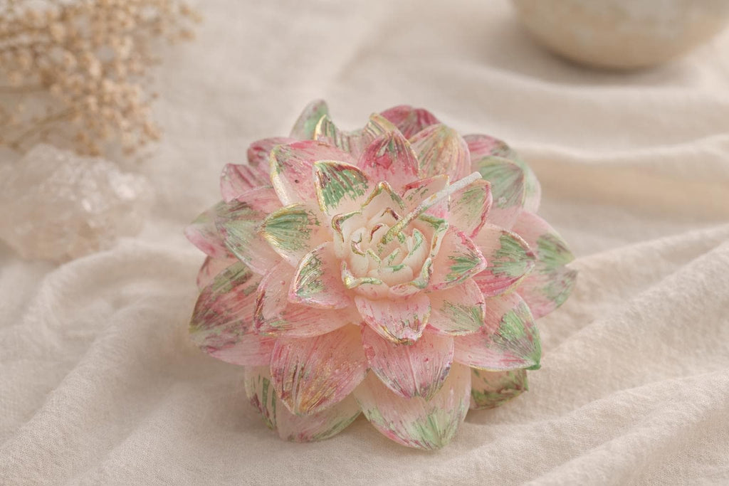 Handmade Lotus Flower Candle | Pink Green Gold Floral Decor, Meditation Wax