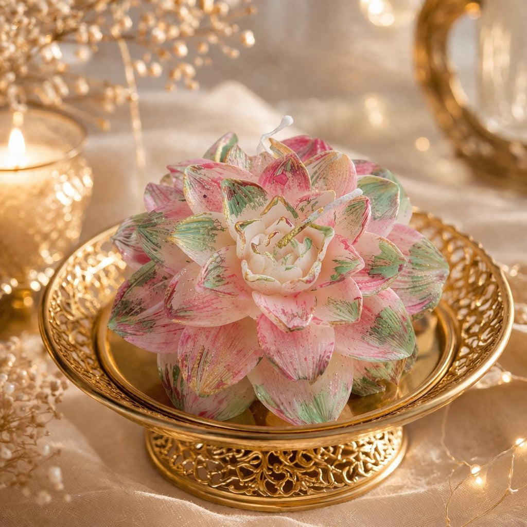 Handmade Lotus Flower Candle | Pink Green Gold Floral Decor, Meditation Wax