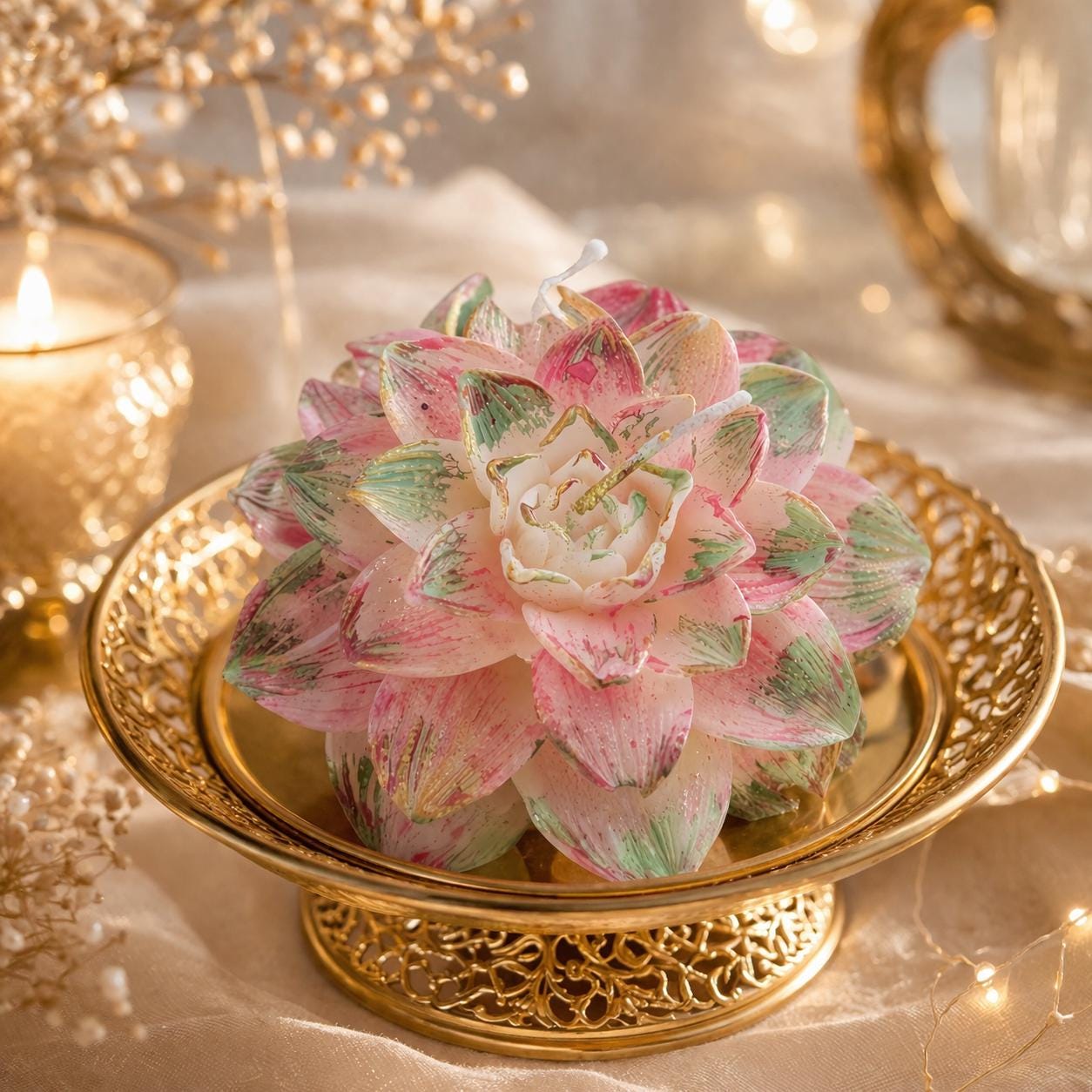 Handmade Lotus Flower Candle | Pink Green Gold Floral Decor, Meditation Wax