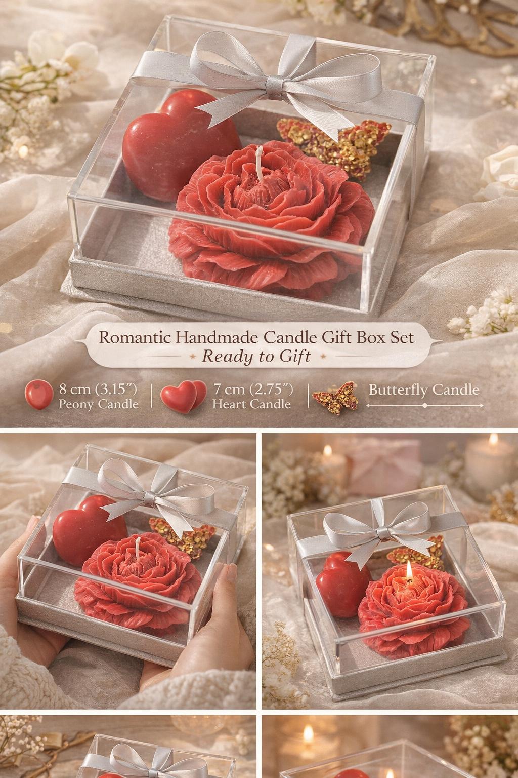 Handmade Peony, Heart, Butterfly Candles Gift Box  Romantic Set for Her
