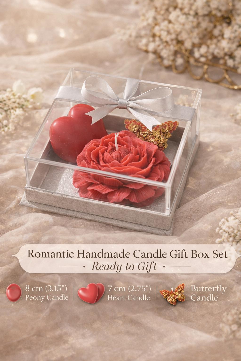 Handmade Peony, Heart, Butterfly Candles Gift Box  Romantic Set for Her
