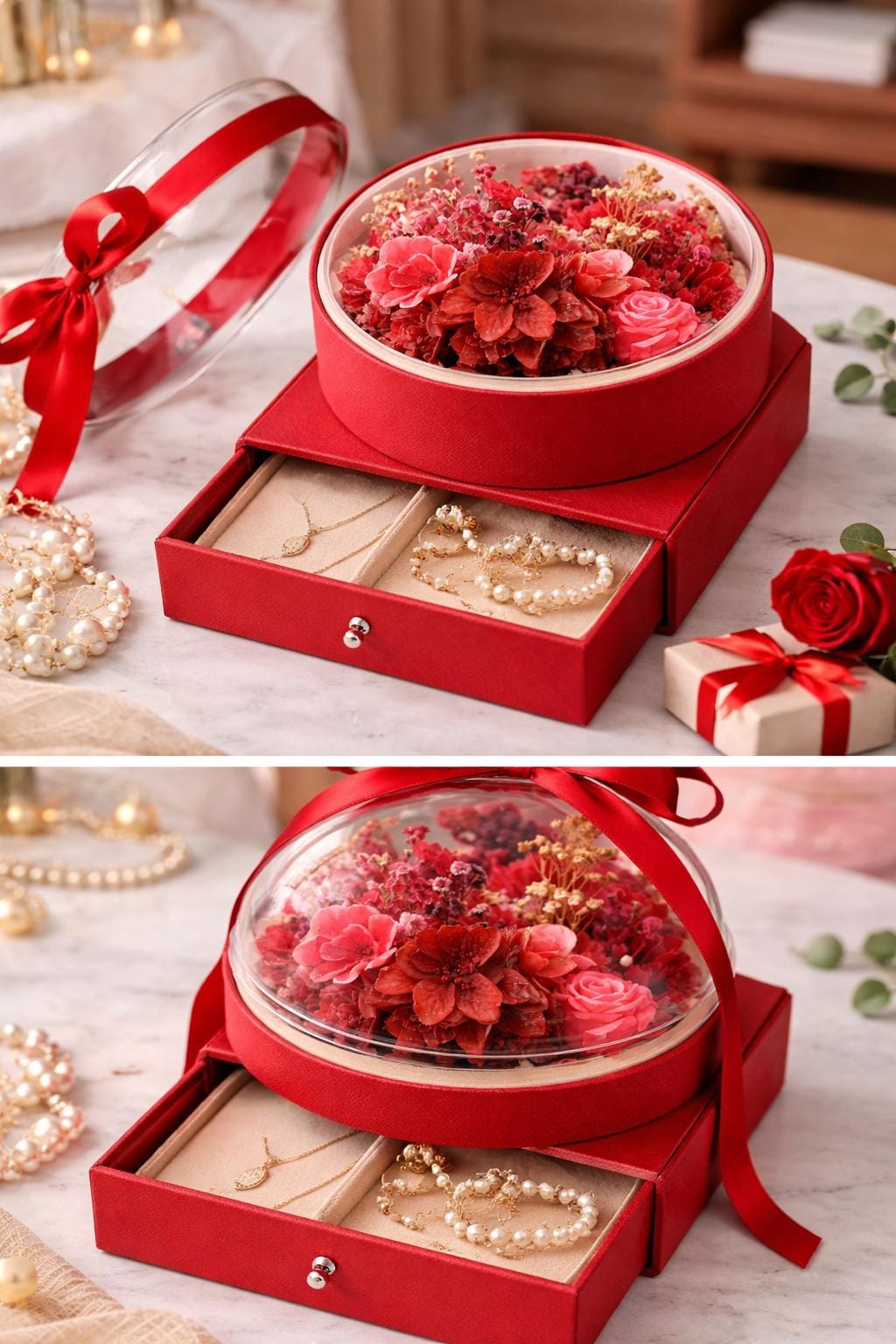 Rose Candle Gift Box with Drawer | Romantic Floral Arrangement, Keepsake Jewelry Storage