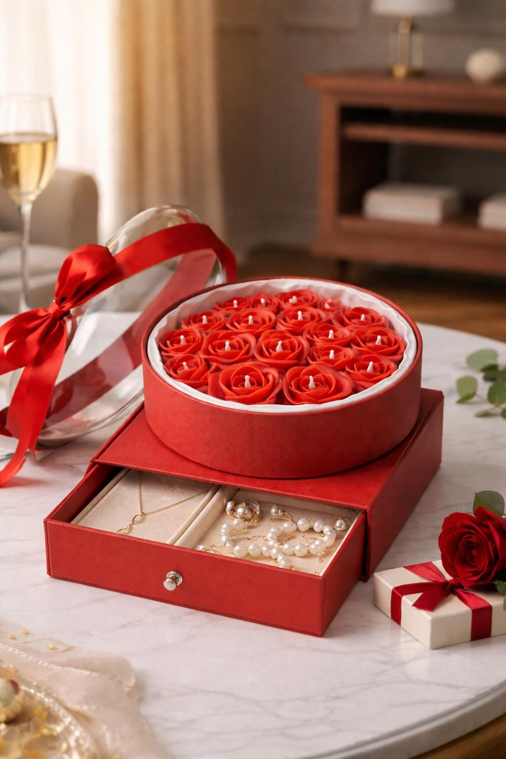 Rose Candle Gift Box with Drawer | Romantic Floral Arrangement, Keepsake Jewelry Storage