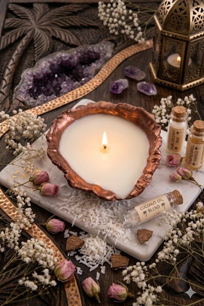 Hand-Poured Coconut Shell Candle | Natural Soy Wax, Metallic Edge, UK Made Spa Home Decor