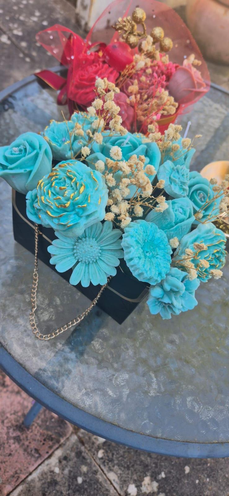 Turquoise Floral Soy Wax Bouquet | Realistic Roses, Daisies in Quilted Box