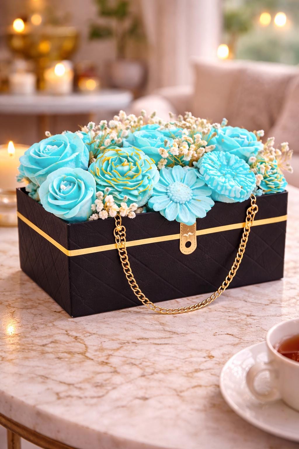 Turquoise Floral Soy Wax Bouquet | Realistic Roses, Daisies in Quilted Box