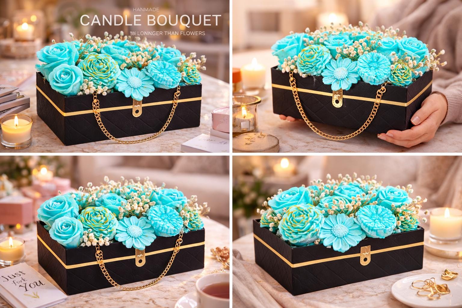 Turquoise Floral Soy Wax Bouquet | Realistic Roses, Daisies in Quilted Box