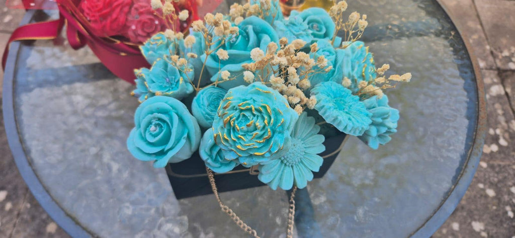 Turquoise Floral Soy Wax Bouquet | Realistic Roses, Daisies in Quilted Box
