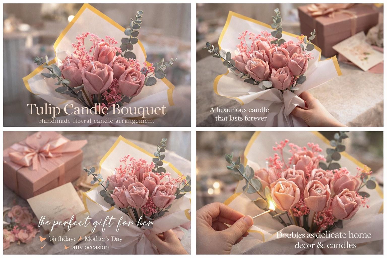 Handmade Tulip Candle Bouquet  Realistic Floral Soy Wax Arrangement (Gift for Her)