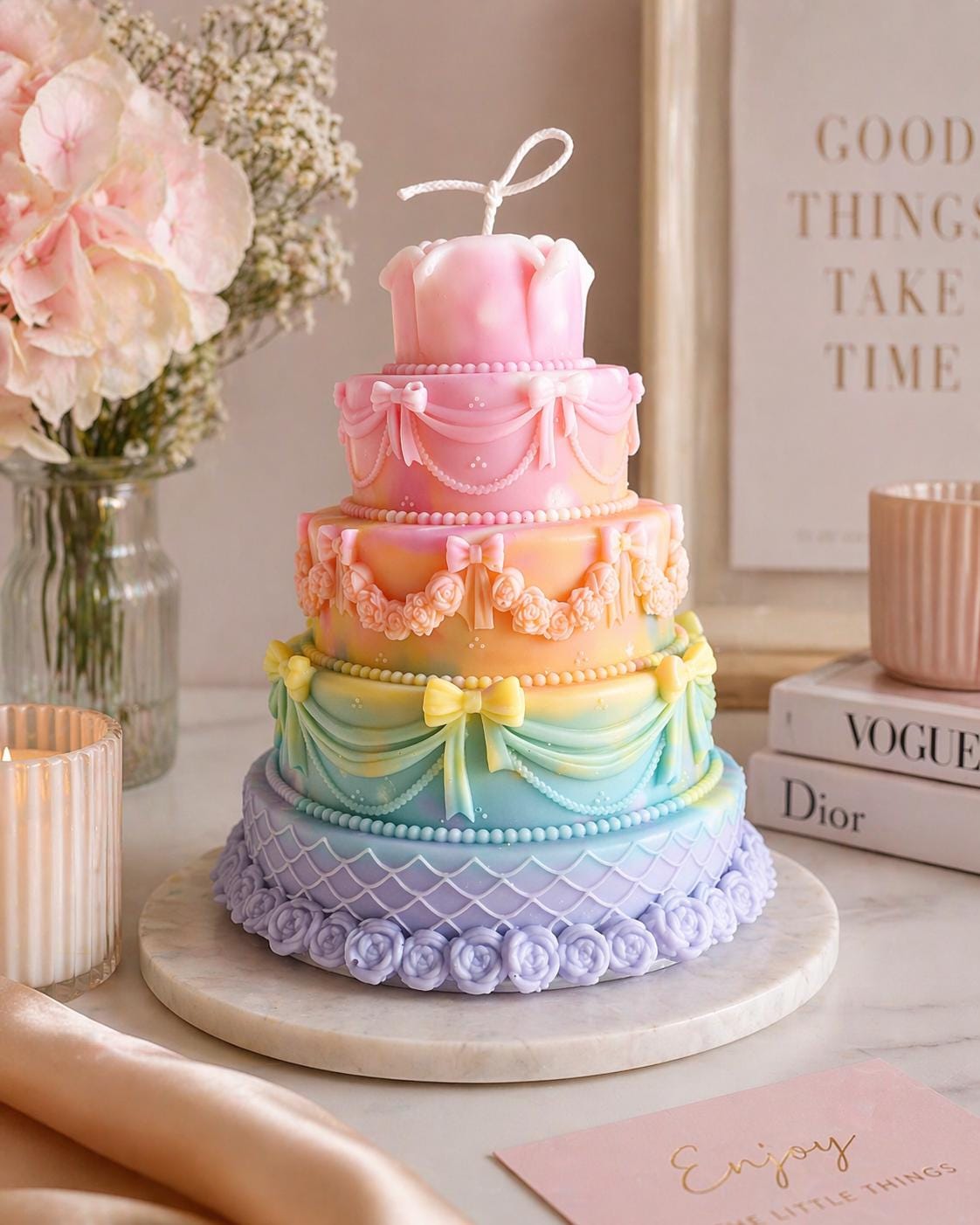 Pastel Rainbow Cake Candle | Luxury Soy Wax Birthday Candle | Cute Aesthetic Party Decor | Gift for Kids & Girls | Like Cake Candle