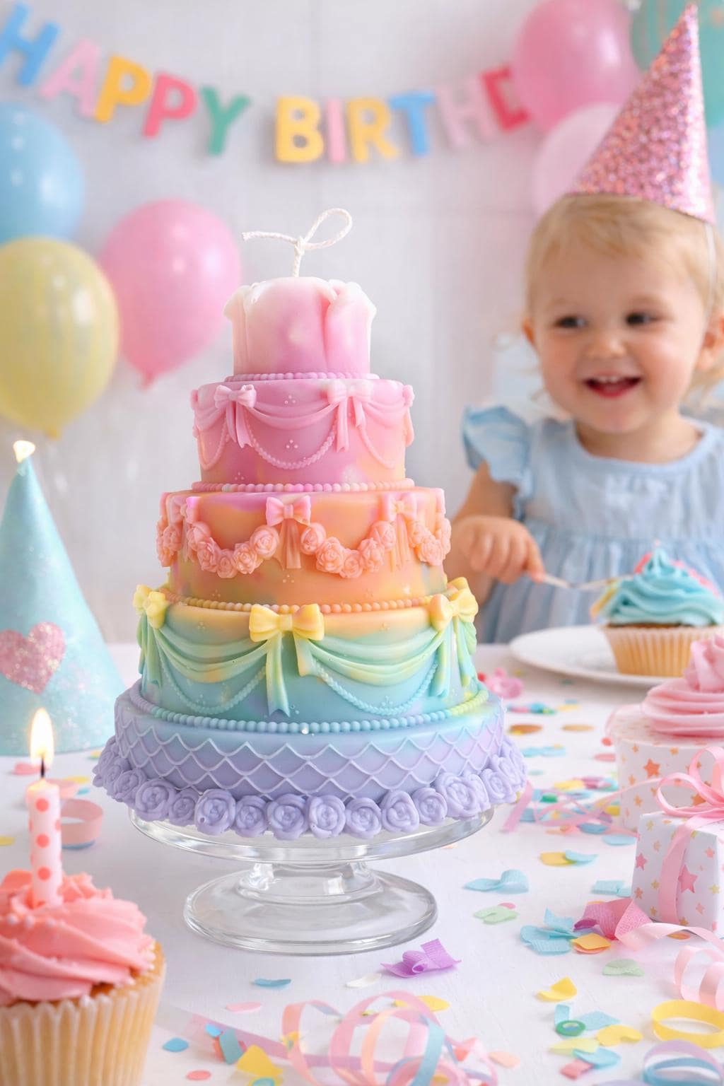 Pastel Rainbow Cake Candle | Luxury Soy Wax Birthday Candle | Cute Aesthetic Party Decor | Gift for Kids & Girls | Like Cake Candle