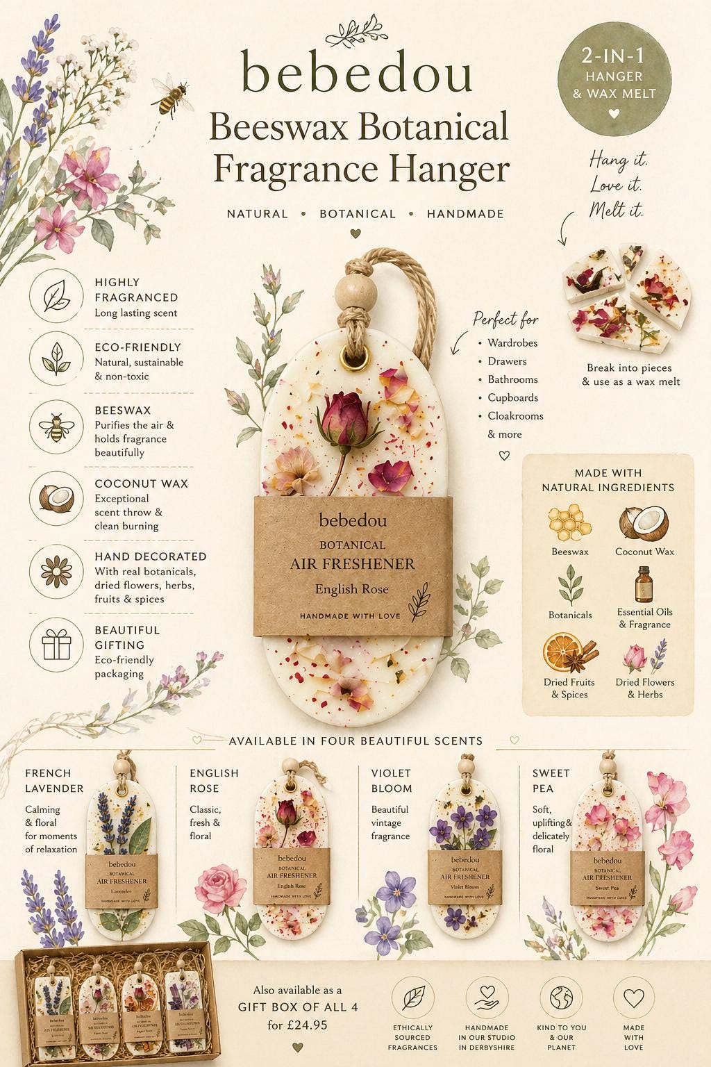 Beeswax Botanical Fragrance Hanger | Wardrobe Freshener | Botanical Wax Melt Gift | EcoFriendly AirFreshener | EnglishRose Lavender SweetPea