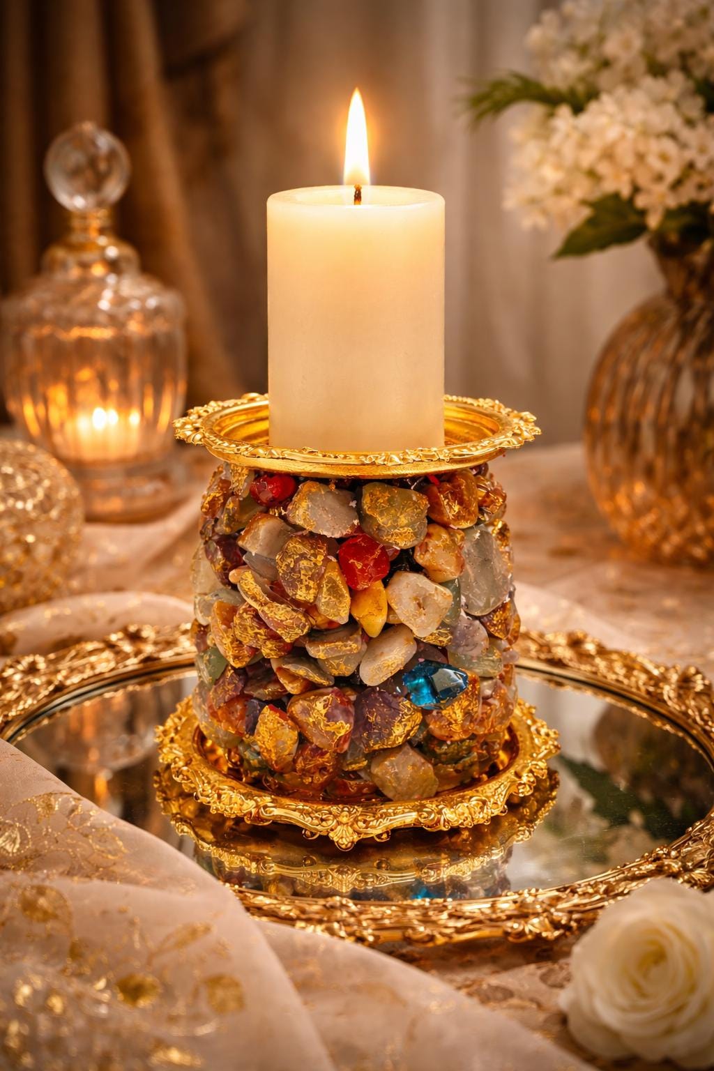 Gemstone Candle Holder  Gold Decor, Crystal Candle Holder, Luxury Home Decor, Unique Gift, Boho Candle Stand
