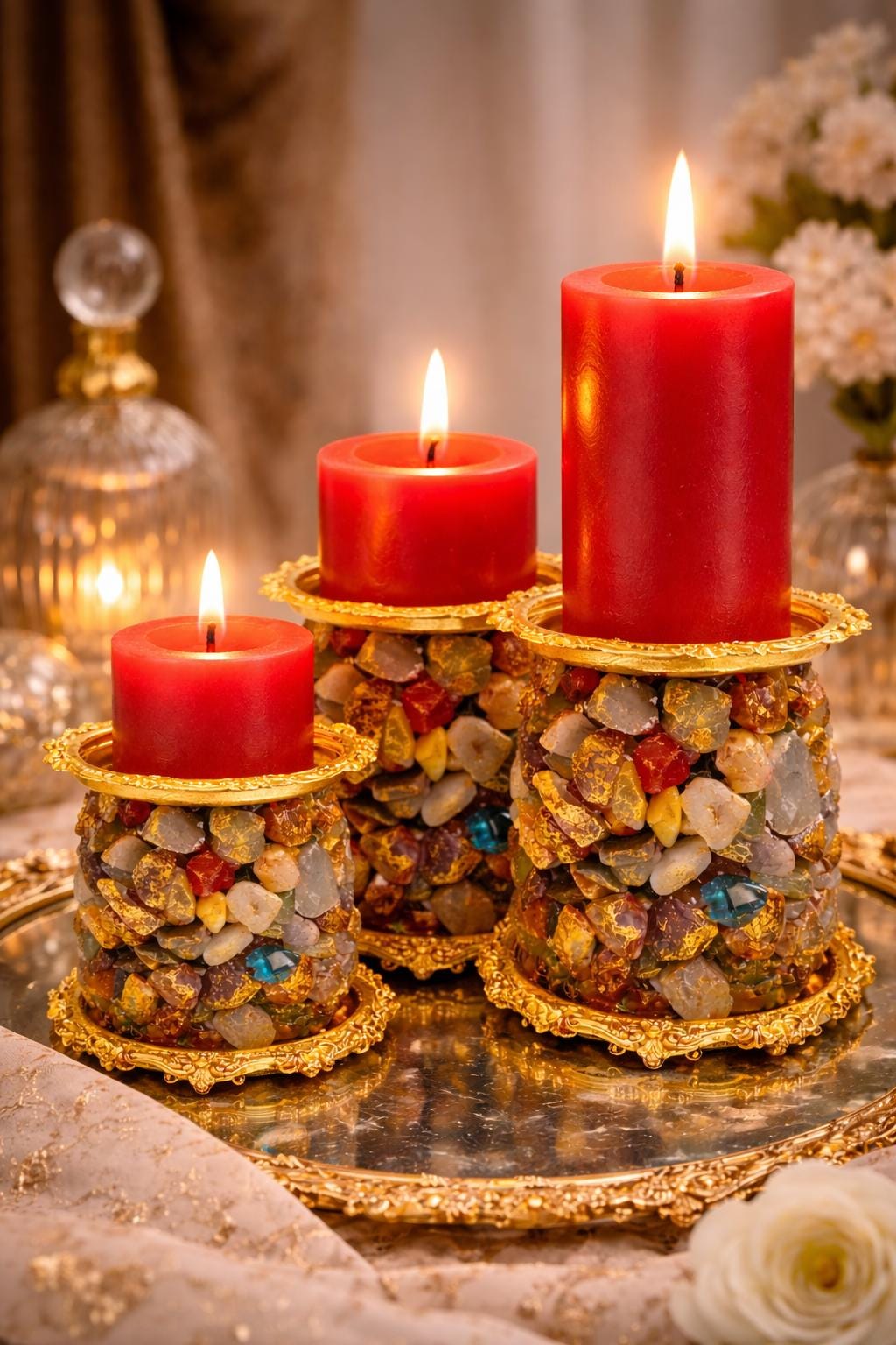 Gemstone Candle Holder  Gold Decor, Crystal Candle Holder, Luxury Home Decor, Unique Gift, Boho Candle Stand