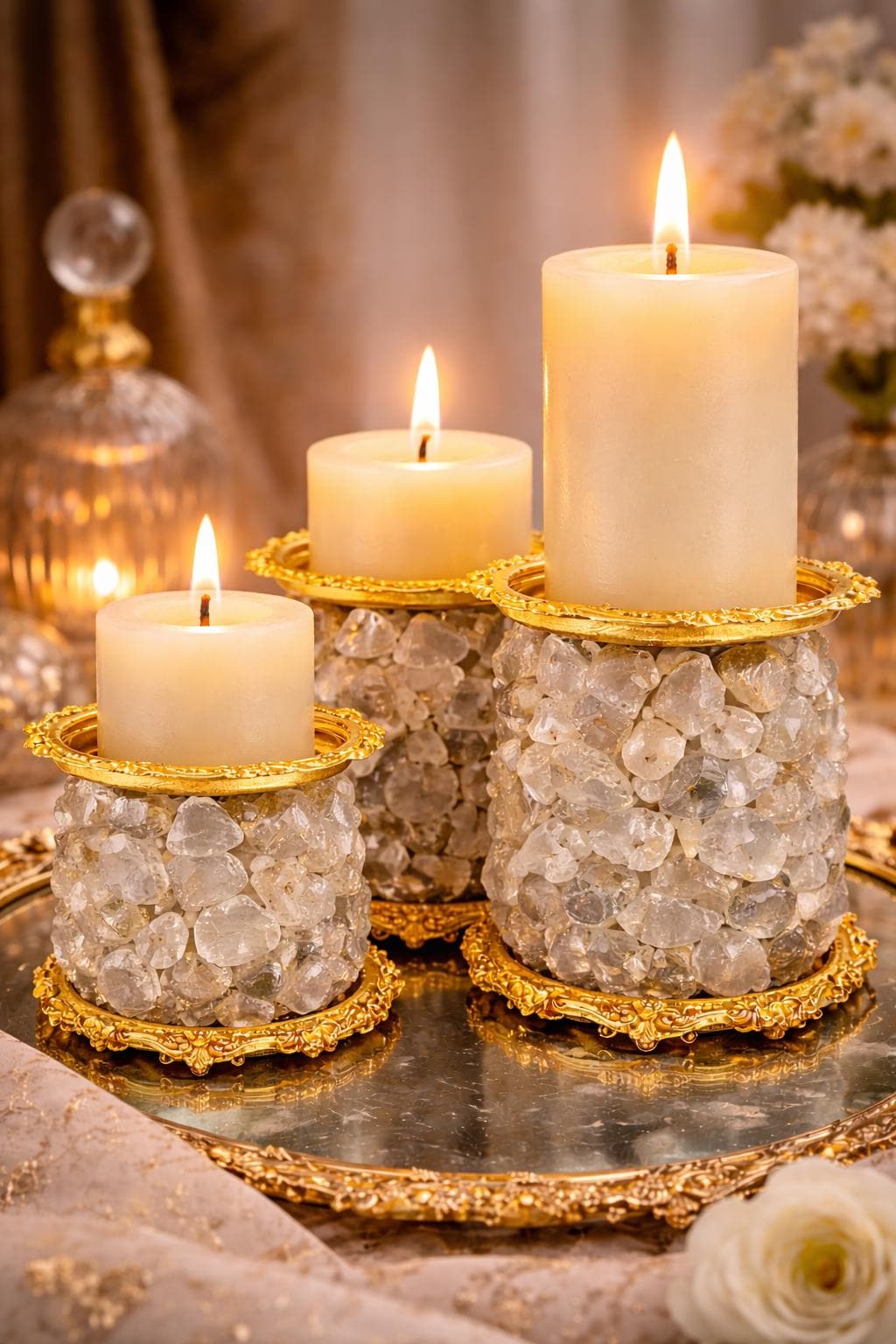 Blue Crystal Candle Holder Luxury Pillar Candle Centerpiece  Modern Glass Home Decor