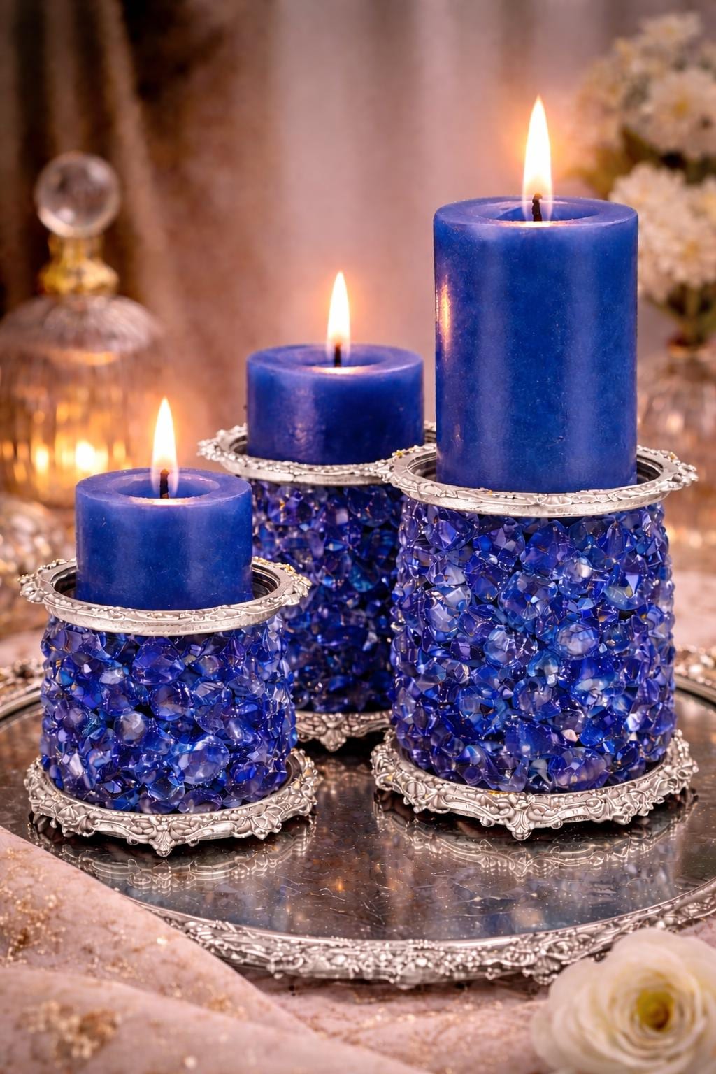 Blue Crystal Candle Holder Luxury Pillar Candle Centerpiece  Modern Glass Home Decor