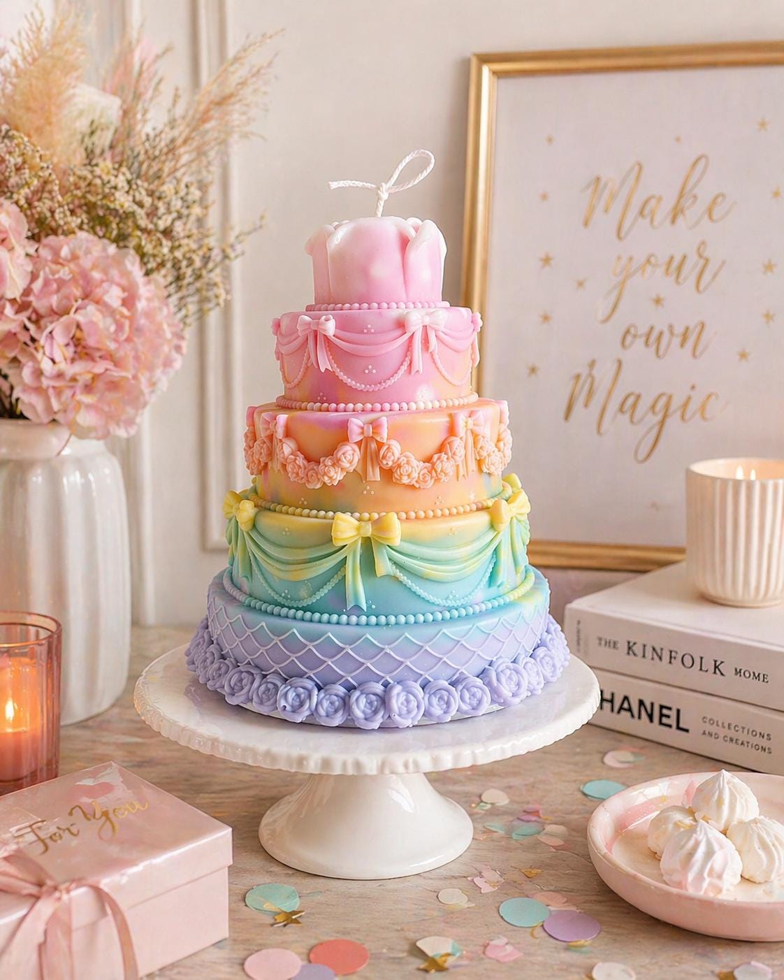 Pastel Rainbow Cake Candle | Luxury Soy Wax Birthday Candle | Cute Aesthetic Party Decor | Gift for Kids & Girls | Like Cake Candle